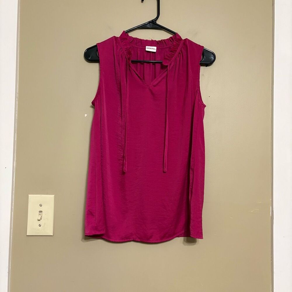 Merona Women’s Sleeveless Tank Tie Neck Front Ruffle V Neck Pink Medium